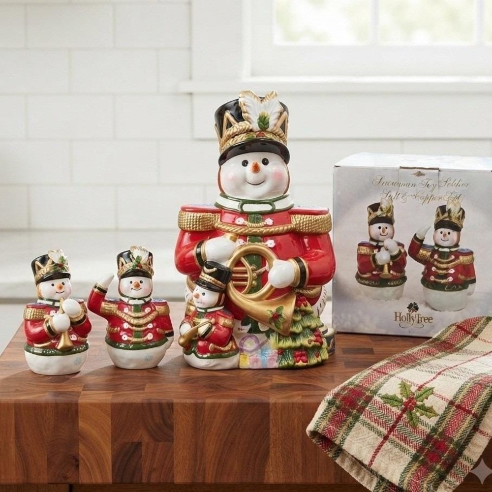 Rare Holly Tree Snowman Toy Soldier Bundle: Cookie Jar & Salt/Pepper Shaker Set